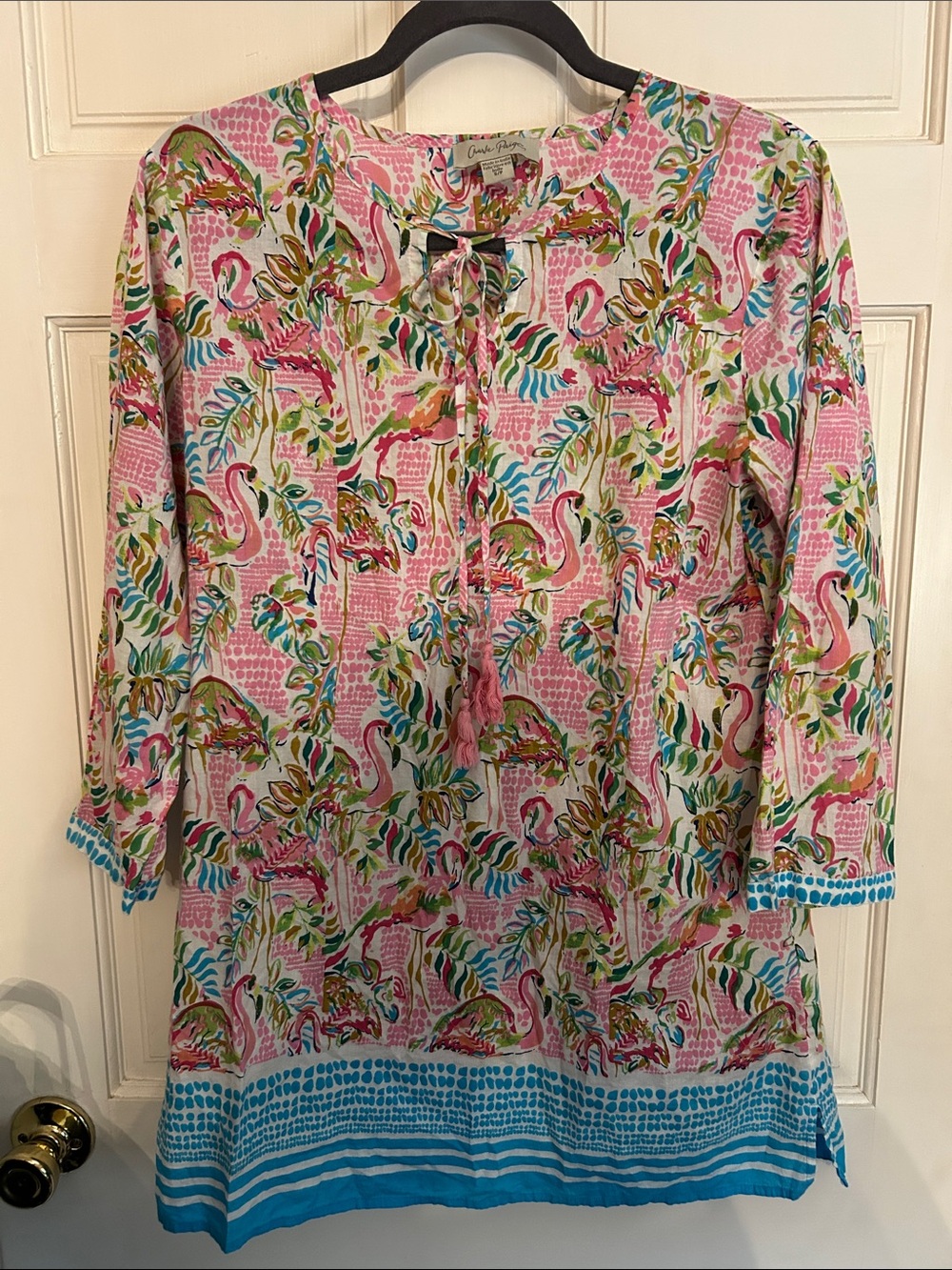 Charlie Paige Pink Flamingo & Tropical Print Long Sleeve Shirt / Dress  S/P